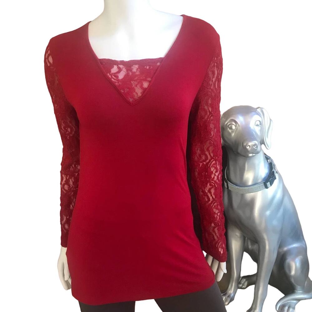 Cami Lace Long Sleeve Rayon Spandex V-Neck Shirt Women's Size M